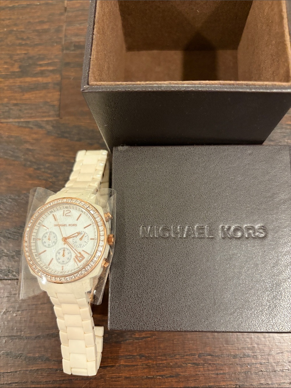 Michael Kors White Ceramic Watch with Rose Gold-Tone Accents and Crystal Bezel